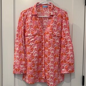 J McLaughlin Linen/Spandex Pink and Orange Button Down Top